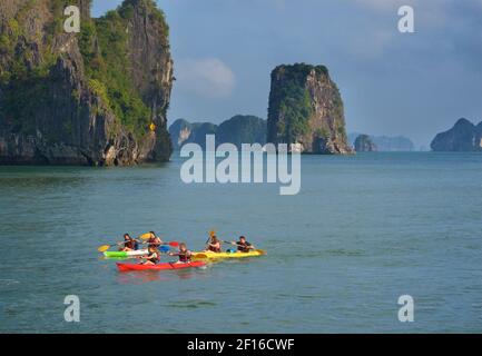 I turisti che si godono Halong Bay in canoa, nel nord del Vietnam. La baia presenta migliaia di rocce calcaree e isole di varie forme e dimensioni. Foto Stock