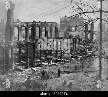 Edifici distrutti dopo il Grande incendio di Chicago del 1871. Foto Stock