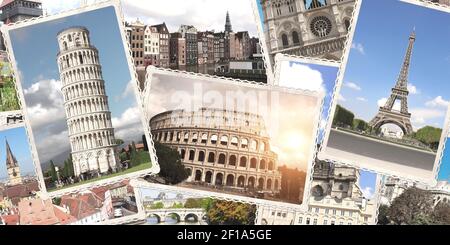 Sfondo del viaggio d'epoca con foto retrò dei monumenti europei. Banner orizzontale con vecchie foto della Torre Eiffel di Parigi, Torre Pendente di Pisa, Foto Stock