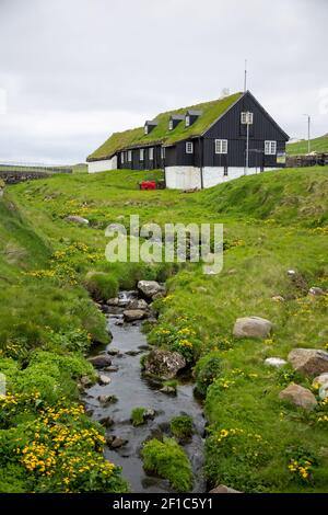 Splendida vista sulle Isole Faroe, cascate e case pittoresche, erba verde Foto Stock