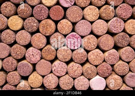 Sfondo di vino. Molti tappi per bottiglie. Corteccia sughero. Tappi per bottiglia di vino. Foto Stock