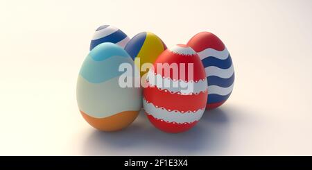 Uova di Pasqua, uova colorate fatte a mano isolate su sfondo bianco. Auguri di buona pasqua. illustrazione 3d Foto Stock