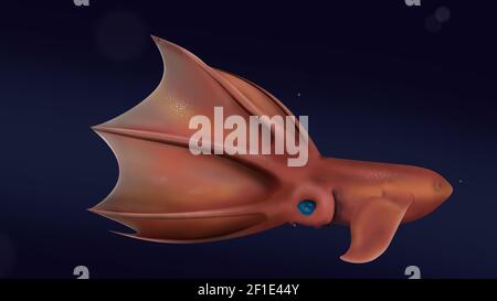 Vampiro Squid animale con dettagli realistici. Carattere a fuoco sullo sfondo sfocato. Calamari rossi isolati nel mare profondo. Foto Stock