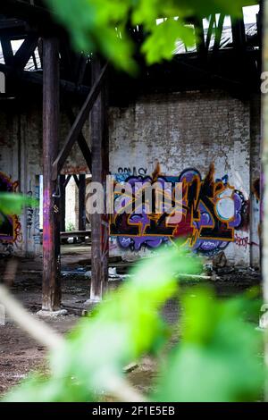 Graffiti su un vecchio edificio grigio abbandonato Foto Stock