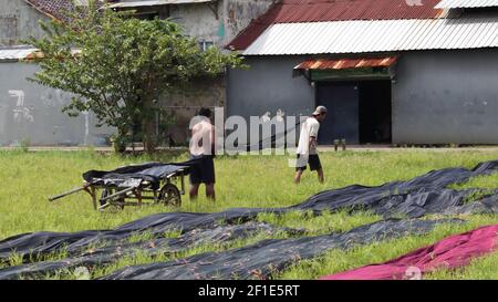 Lavoratori che asciugano il panno batik in campo, in una giornata calda, Pekalongan, Indonesia, 8 marzo 2021 Foto Stock