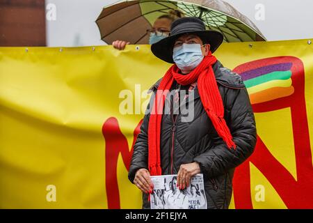 Gdansk, Polonia 7 marzo 2021 Jolanta Senyszyn si è visto a Gdansk, Polonia il 7 marzo 2021 il Manifa è un raduno annuale per i diritti delle donne e delle femministe per celebrare la Giornata internazionale della donna - una giornata globale che celebra le conquiste sociali, economiche, culturali e politiche delle donne. I manifestanti chiedono i diritti delle donne, il rispetto e la libera scelta dell’aborto. Credit: Vadim Pacajev/Alamy Live News Foto Stock