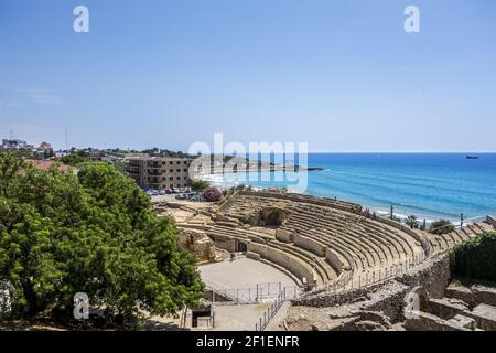 Rovine dell'anfiteatro romano a Tarragona in Spagna Foto Stock