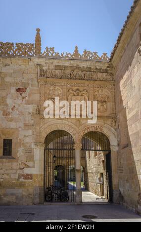 Acquisizione dettagliata che mostra l'ingresso al chiostro nel Patio de Escuelas Menores nella vecchia Salamanca Foto Stock