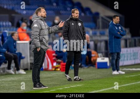 Gelsenkirchen, Germania. 05th Mar, 2021. Allenatore Bo SVENSSON (MZ) gesto, gesto, indietro allenatore Diwithrios GRAMMOZIS (GE) Calcio 1. Bundesliga, 24° giorno, FC Schalke 04 (GE) - FSV FSV FSV Mainz 05 (MZ) 0: 0, il 05.03.2021 a Gelsenkirchen/Germania. Le normative DFL vietano l'uso di fotografie come sequenze di immagini e/o quasi-video solo per uso editoriale Agenzie di Notizie nazionali e internazionali FUORI ¬ | uso mondiale/dpa/Alamy Live News Foto Stock