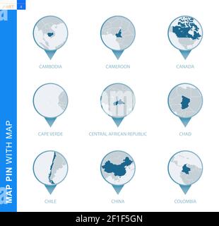 Raccolta di cartografia con mappa dettagliata e paesi vicini, 9 cartografia di Cambogia, Camerun, Canada, Capo Verde, Repubblica Centrafricana, CAN Illustrazione Vettoriale