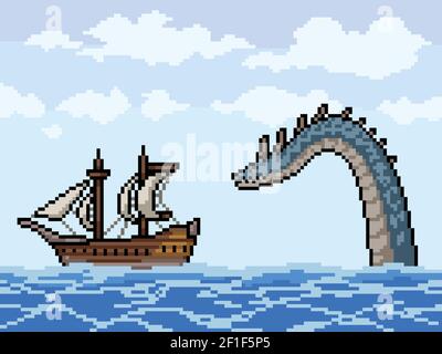 pixel art della nave da caccia mostro marino Illustrazione Vettoriale