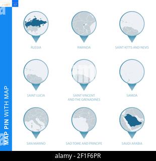 Raccolta di cartografia con mappa dettagliata e paesi vicini, 9 cartografia di Russia, Ruanda, Saint Kitts e Nevis, Santa Lucia, Saint Vincent e. Illustrazione Vettoriale