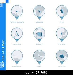 Raccolta di cartografia con mappa dettagliata e paesi vicini, 9 cartografia di Papua Nuova Guinea, Paraguay, Perù, Filippine, Polonia, Portogallo, Puer Illustrazione Vettoriale
