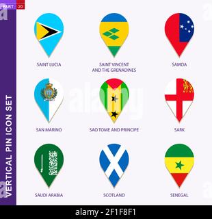 Set di icone a pin verticale, 9 bandiere nazionali: Saint Lucia, Saint Vincent e Grenadine, Samoa, San Marino, Sao Tome e Principe, Sark, Arabia Saudita, SC Illustrazione Vettoriale