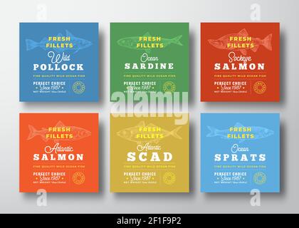 Collezione di etichette di qualità Premium con raccordi freschi. Set di layout per il disegno astratto Vector Seafood Packaging. Tipografia retrospettiva con bordi e disegnati a mano Illustrazione Vettoriale