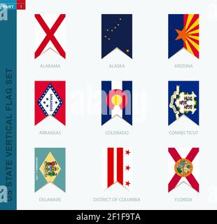 Set di nove flag di stato US verticali vettoriali. Icona verticale con bandiera di stato di Alabama, Alaska, Arizona, Arkansas, Colorado, Connecticut, Delaware, Distretto Illustrazione Vettoriale