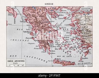 Vecchia mappa della Grecia antica stampata nel dizionario francese 'Dictionnaire complet Illustré' dall'editore Larousse nel 1889. Foto Stock