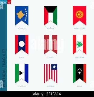 Set di nove allarmi verticali vettoriali. Icona verticale con bandiera di Kosovo, Kuwait, Kirghizistan, Laos, Lettonia, Libano, Lesotho, Liberia, Libia Illustrazione Vettoriale