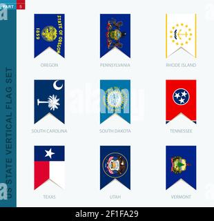 Set di nove flag di stato US verticali vettoriali. Icona verticale con bandiera di stato di Oregon, Pennsylvania, Rhode Island, South Carolina, South Dakota, Tennessee, Illustrazione Vettoriale
