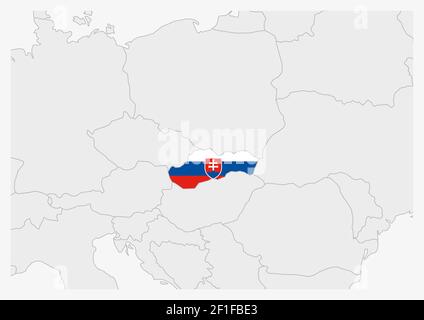 Mappa della Slovacchia evidenziata in colori della bandiera della Slovacchia, mappa grigia con i paesi vicini. Illustrazione Vettoriale