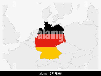 Mappa della Germania evidenziata in colori della bandiera della Germania, mappa dei grigi con i paesi vicini. Illustrazione Vettoriale