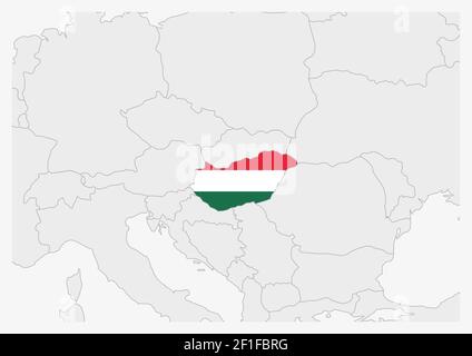 Mappa Ungheria evidenziata in colori bandiera Ungheria, mappa grigia con paesi vicini. Illustrazione Vettoriale
