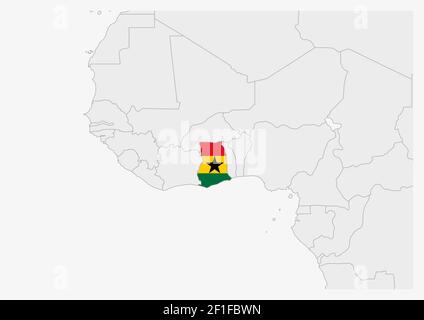 Mappa del Ghana evidenziata in colori della bandiera del Ghana, mappa grigia con i paesi vicini. Illustrazione Vettoriale