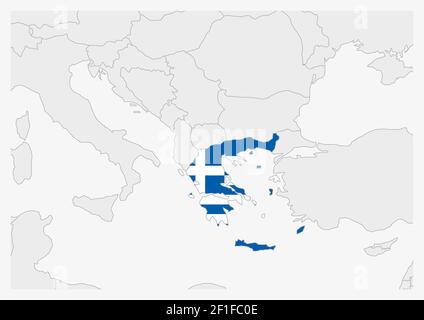 Mappa della Grecia evidenziata in colori della bandiera della Grecia, mappa grigia con i paesi vicini. Illustrazione Vettoriale