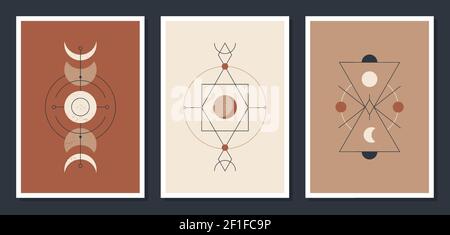 Una serie di poster minimalistici con corpi celesti. Poster in stile boho moderno. La luna e le stelle. Schede di illustrazione mistica vettoriale. Illustrazione Vettoriale