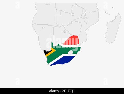 Mappa del Sud Africa evidenziata in colori della bandiera del Sud Africa, mappa grigia con i paesi vicini. Illustrazione Vettoriale