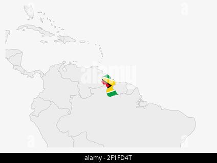 Mappa della Guyana evidenziata in colori della bandiera della Guyana, mappa grigia con i paesi vicini. Illustrazione Vettoriale