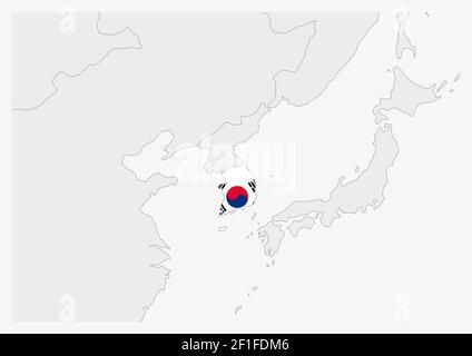 Mappa della Corea del Sud evidenziata in colori della bandiera della Corea del Sud, mappa grigia con i paesi vicini. Illustrazione Vettoriale