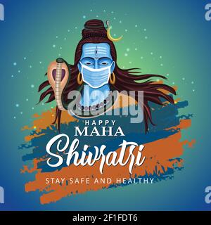 Happy maha Shivratri con mahadev, un festival indù celebrato di lord shiva notte, calligrafia inglese. Sfondo blu vettore illustrazione. Covid-19 Illustrazione Vettoriale