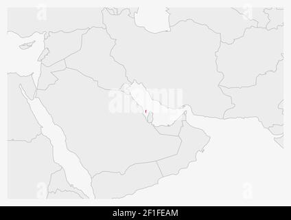 Mappa del Bahrain evidenziata in colori della bandiera del Bahrain, mappa grigia con i paesi vicini. Illustrazione Vettoriale