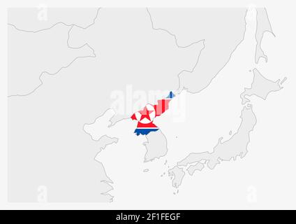 Mappa della Corea del Nord evidenziata in colori della bandiera della Corea del Nord, mappa dei grigi con i paesi vicini. Illustrazione Vettoriale