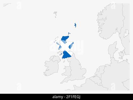 Mappa della Scozia evidenziata in colori della bandiera scozzese, mappa grigia con i paesi vicini. Illustrazione Vettoriale