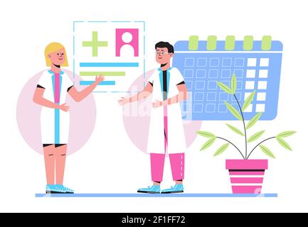 Appuntamento online al medico. Vengono visualizzati il calendario, la scheda medica, la pianta, l'ufficio clinico. Vettore icona medica per infografiche, sito web. Illustrazione Vettoriale