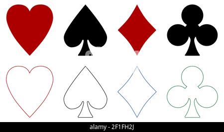 Le carte da gioco si adattano ai simboli: Cuore, vanga, diamante, club Illustrazione Vettoriale