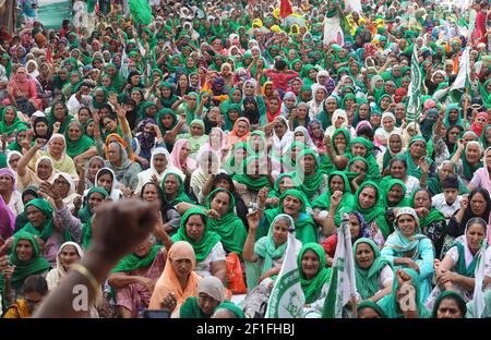 Le donne indiane contadine di Haryana e Punjab hanno visto seduti sul lato della strada mentre gridavano slogan anti-governativi ai siti di protesta, il confine di Tikri (confine di Delhi-Haryana) Durante la protesta continua contro i Centri nuove leggi agricole. Migliaia di donne contadine e familiari di agricoltori si sono riuniti ai confini di Delhi durante la Giornata internazionale delle donne. Foto Stock