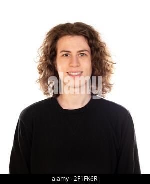 Ragazzo fresco con capelli lunghi isolati su uno sfondo bianco Foto Stock