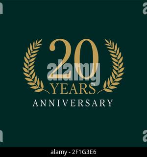 logo di lusso di 20 anni. Anno di anniversario del 20 ° vettore dorato modello colorato incorniciato di palme. Saluti età festeggia. Festeggiamo il reggiseno alloro Illustrazione Vettoriale