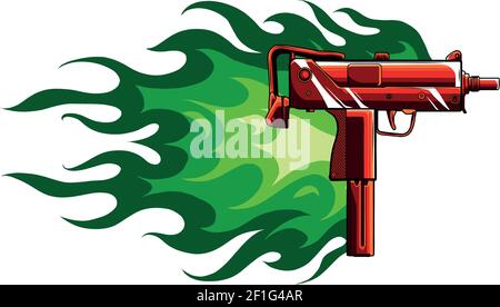 Illustrazione vettoriale di una pistola uzi con fiamme Illustrazione Vettoriale