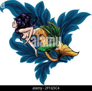 Bellezza blu capelli sirena sirena illustrazione vettoriale Illustrazione Vettoriale