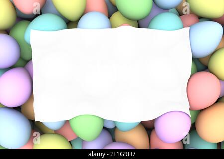 Mucchio di uccelli e uova di Pasqua colorate con bianco bianco bianco spazio - rendering 3d Foto Stock