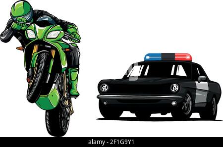 L'automobile della polizia sta inseguendo un criminale su una motocicletta. Illustrazione Vettoriale