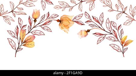 Banner rosa acquerello. Fiori gialli d'autunno con germoglio e foglie isolate su bianco. Arco floreale rotondo dipinto a mano. Illustrazione botanica per Foto Stock