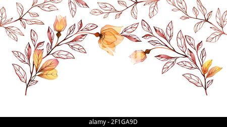 Banner rosa acquerello. Fiori gialli d'autunno con germoglio e foglie isolate su bianco. Arco floreale rotondo dipinto a mano. Illustrazione botanica per Foto Stock