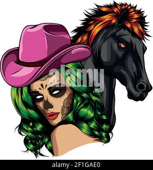 ragazza vestita da cowboy con cavallo Illustrazione Vettoriale