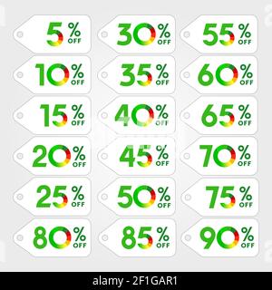 Set di sconti per vettori. Listino prezzi etichette logo con fustellatura. 5, 10, 15, 20, 25, 30th, 35th, 40th, 45th, 50th, 55°, 60°, 65°, 70°, Illustrazione Vettoriale