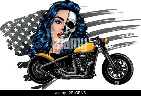 vector illustration moto chopper vintage con viso donna e americano allarme Illustrazione Vettoriale